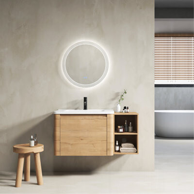 Latitude Run 40'' Wall-Mounted Bathroom Vanity With White Ceramic Sink And Storage Shelves & 1-Soft-Close Door KD-Packing Plywood