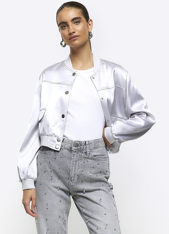River Island Womens Silver Satin Tailored Bomber Jacket ShopStyle