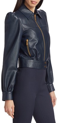 Michael Kors Plonge Leather Puff-Sleeve Cropped Moto Jacket