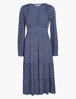 Marks and Spencer Geometric Blouson Sleeve Midi Waisted Dress
