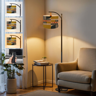 East Urban Home Arc Floor Lamp Modern abstract geometric semicircles circles retro Tall Modern Standing Lamp LED Adjustable Linen Lampshade 3 Color Temperatures