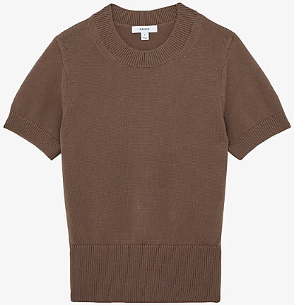 Reiss Womens Neutral Anita Short-Sleeve Cotton and Wool-Blend Top Xs