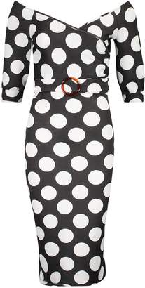 boohoo Large Polka Dot Off Shoulder Wrap Midi Dress