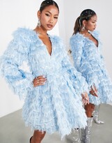 Thumbnail for your product : ASOS EDITION long sleeve fringe jacquard mini dress in ice blue