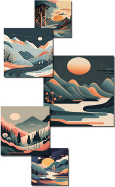 Mountain Trees In Retro Graphic Blue 5 Pieces