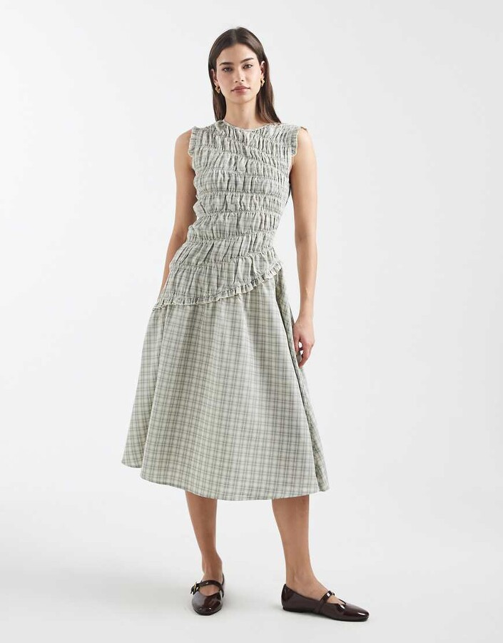 Daisy Street asymmetric midi dress with ruffle detailing in gray plaid