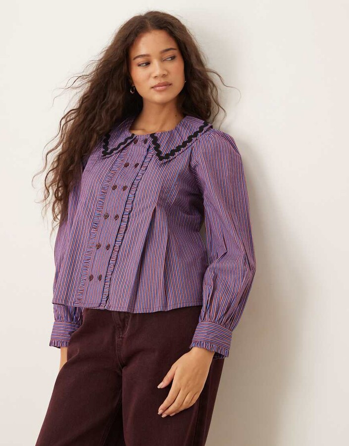 Neon Rose striped ruffle detail collared long sleeve blouse in burgundy