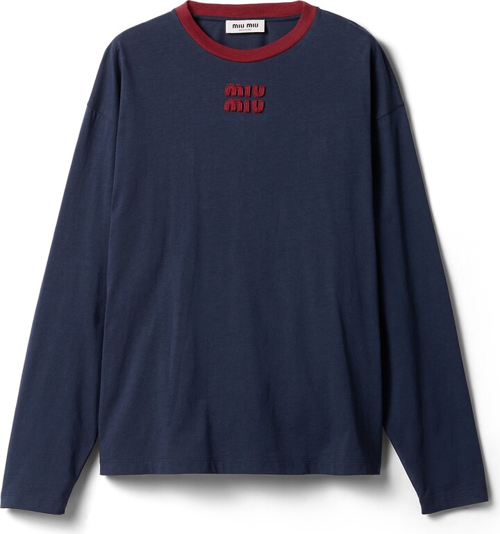 Miu Miu Long-sleeved Cotton Jersey T-shirt Woman Blue/burgundy Size XS