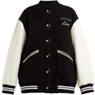 Miu Miu Leather Sleeve Wool Baseball Jacket - Womens - Black
