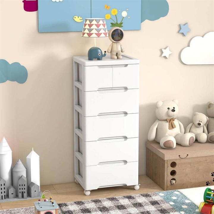Costway White 38 in. Plastic Rolling Storage Cart with 4 Universal Wheels 6-Drawer Dresser Cabinet