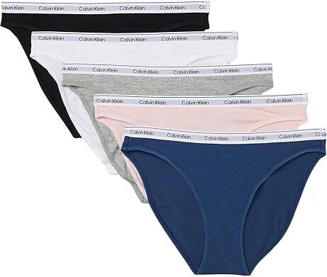 Calvin Klein Underwear Modern Logo Bikini 5-Pack Women's Underwear Black/White/Grey Heather/Potpourri/Dark Denim : XS (US 0-2)