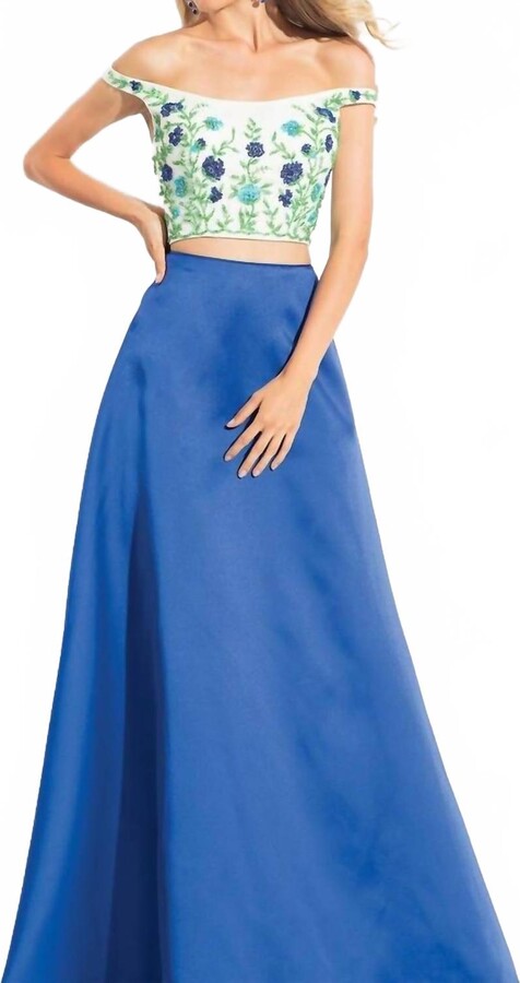 RACHEL ALLAN Floral Embroidered Two-Piece Mikado Gown In White/royal