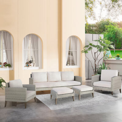 Benjara Azy 5Pc Outdoor Sofa Set W Stools And Chairs Woven Gray Frame