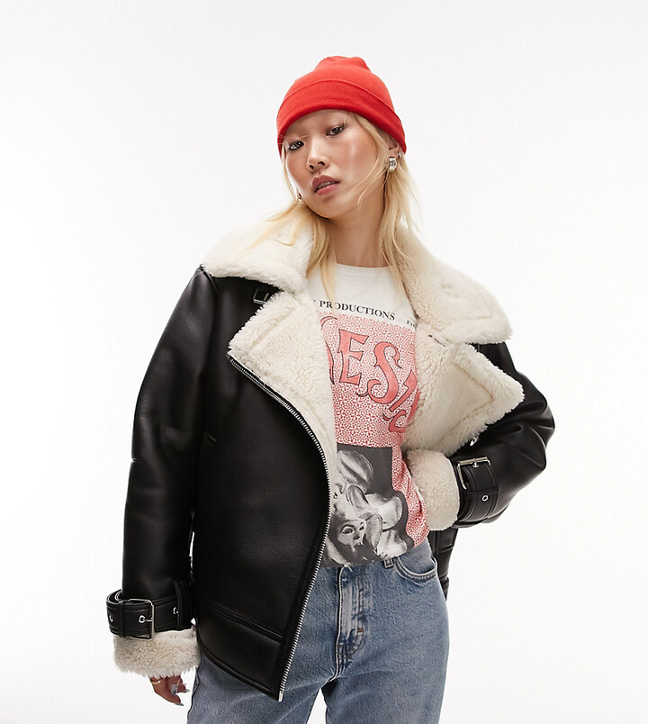 Petite faux leather shearling aviator biker jacket in black ShopStyle