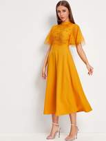 Thumbnail for your product : Shein Dobby Mesh Sleeve Lace Bodice Fit and Flare Dress