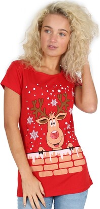 Be Jealous Ladies Christmas T Shirt Womens Reindeer Xmas Snowflake Jersey Cap Sleeve Top S/M (UK 8/10) Reindeer On Wall White
