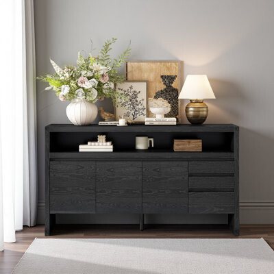 3-Door Sideboard With 3 Drawers - Modern Solid Ash Veneer MDF Sideboard, Semi-Open Shelf & Center Semi-Circular Cutout In Back Panel, Large Storage Ca