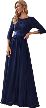 Ever-Pretty Women's Round Neck 3/4 Sleeves A Line Empire Waist Lace Elegant Maxi Party Dresses Navy Blue 16UK