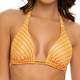 Halter Zip Up Stripe Swim Top - Yellow - Pomelo Fashion