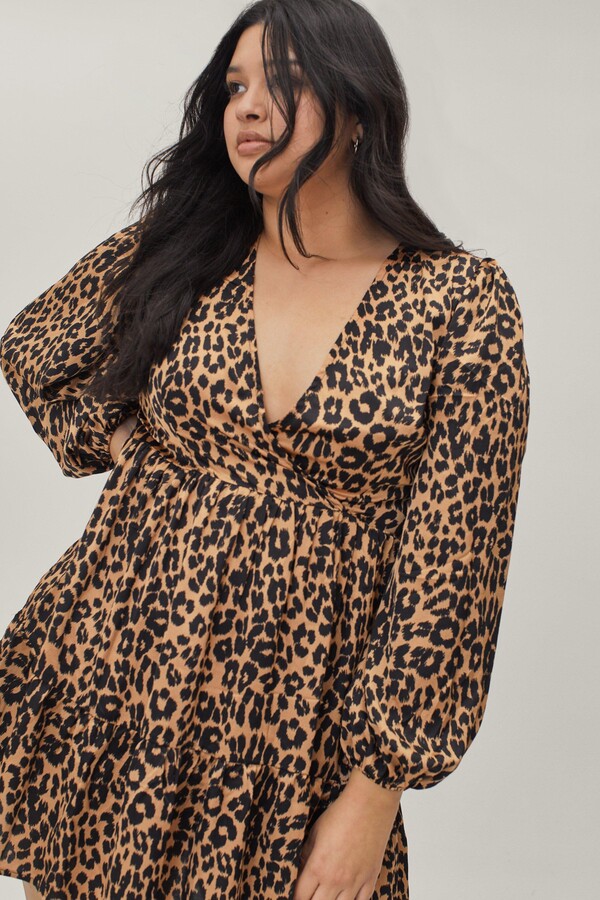 Leopard Print Long Dress,Kingwo Women Casual Plus Size Leopard Print Long Dress V-Neck Long Sleeve Split Maxi Dress UK18~26 