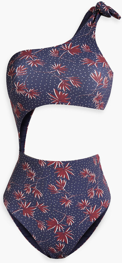 Ibiza one-shoulder cutout printed stretch-piquè swimsuit
