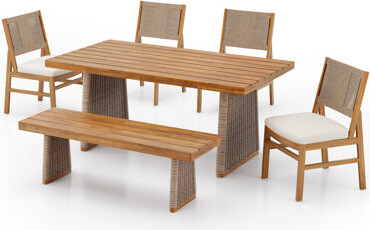NFusion Serra 6-Piece Outdoor Modern Rustic Acacia Wood Dining Set With Handwoven Wicker Details And Water-Repellent Cushions