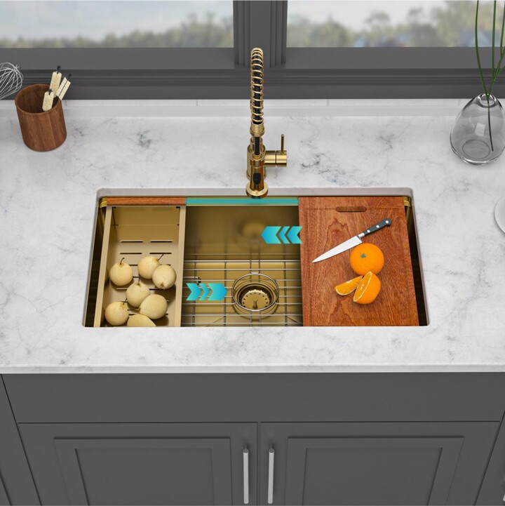 flynama 33x19x10 Inch Single Bowl Undermount Workstation Gold Kitchen Sink 16 Gauge 304 Stainless Steel Deep Sink