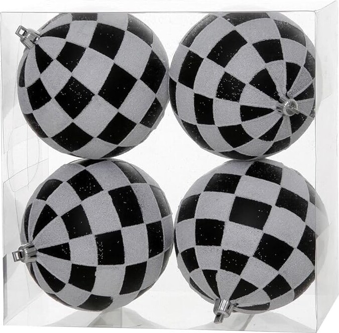 Vickerman 4" Black-White Check Glitter Ball Ornament 4 per Box