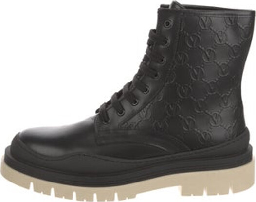 Valentino Leather Ankle Combat Boots Black Rubber Trim Round-Toes Platform Lace-Up Closure at Uppers Includes Box