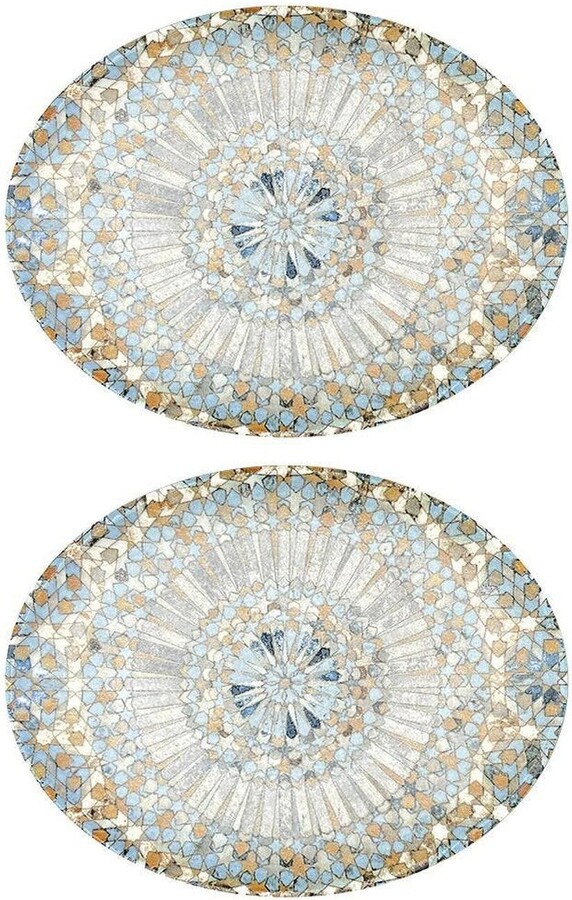 Turgla Home Blue / Brown Luca Mosaic Matte Oval Decorated Porcelain Platter Set Of Two