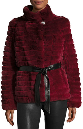 Gorski Reversible Down & Fur Belted Puffer Coat, Wine
