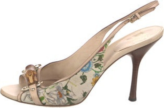 Gucci Canvas Slingback Pumps Neutrals Flora Print & Bamboo Accent Peep-Toes Straps & Buckle Closure at Ankles