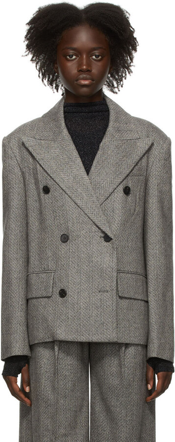 grey check double breasted blazer