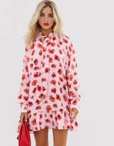 Thumbnail for your product : Glamorous mini smock dress with neck tie and peplum hem in poppy print