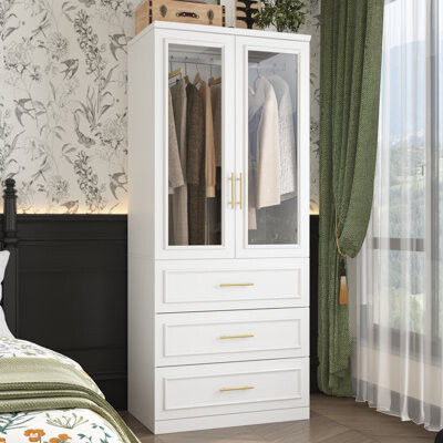Ebern Designs Modern Wardrobe With Glass Doors Spacious Storage With Drawers And Golden Handles