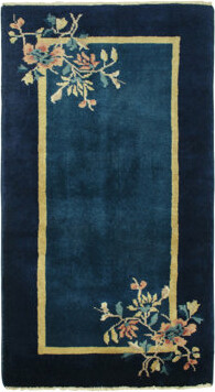Rug & Kilim Vintage Chinese Deco Style Rug In Deep Blue Gold & Pastel Green Floral Pattern