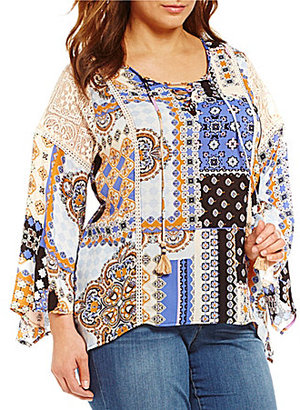 Democracy Plus Lace-Up Bell Sleeve Printed Top