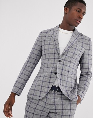 Selected slim suit jacket in window pane check cotton linen