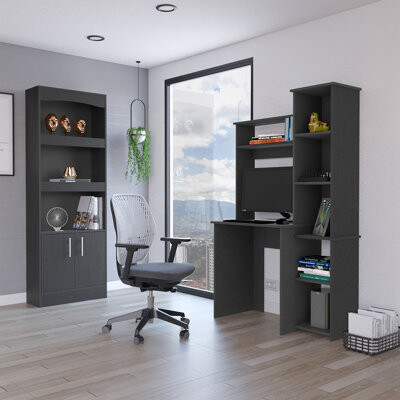 Latitude Run 2 Piece Office Set, Dozza Bookcase + Aramis Desk, Black