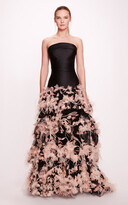 Feathered And Embroidered Tiered Gown 