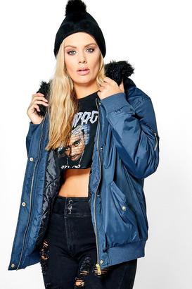 boohoo Plus Louise Bomber Jacket With Faux Fur Hood