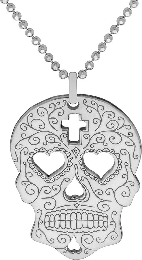 Cartergore Large Silver Sugar Skull Heart Eyes Pendant Necklace