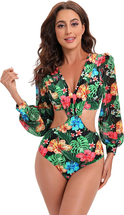 ODIZLI Women's Puff Long Sleeves One Piece Swimsuit Rash Guard VNeck