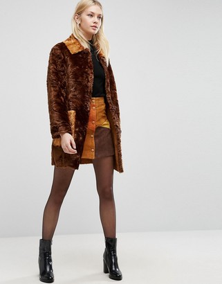 ASOS A line Coat in Faux Fur with Contrast Pockets