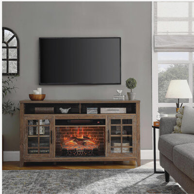 Latitude Run 55-inch TV media stand with electric fireplace KD insertable heater, recycled wood tone