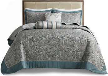 Walton 5 Piece Jacquard Bedspread Set With Throw Pillows Teal And Grey Paisley Pattern