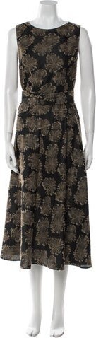Akris Punto Floral Print Long Dress Akris Punto A-Line Dress Black Floral Print Embroidered Accent Sleeveless with Scoop Neck Concealed Zip Closure at Back Designer