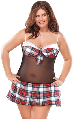 Coquette Women's Plus-Size Kissable Queen Sized School Girl Chemise with Plaid Cups and Pleated Skirt