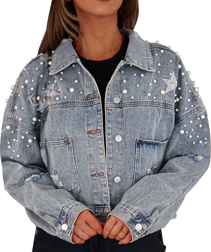 DABAOK Warehouse Open Box Deals Clearance plus Coats for Women plus Size  Jacket Ripped Star Embroidered Denim Jacket Outerwear Womens Tall Jacket