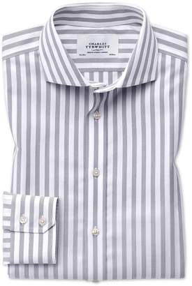 Charles Tyrwhitt Slim Fit Spread Collar Non-Iron Wide Stripe Grey Cotton Dress Shirt Single Cuff Size 15/34